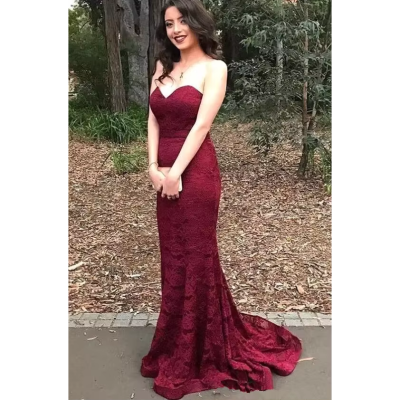 Elegant Burgundy Sweetheart Lace Mermaid Cheap Long Bridesmaid Dresses Maid of Honor Wedding Guest Gowns