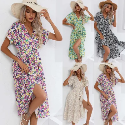 2025 Explosions Dress Summer Small Floral Split V-Neck Women's Dress