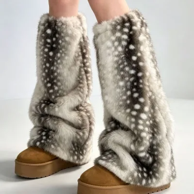 Plush Imitation Fur Plaid Women Thick Leg Warmers Socks Sleeve Long Deer Point Embossed Autumn/Winter Stage Performance