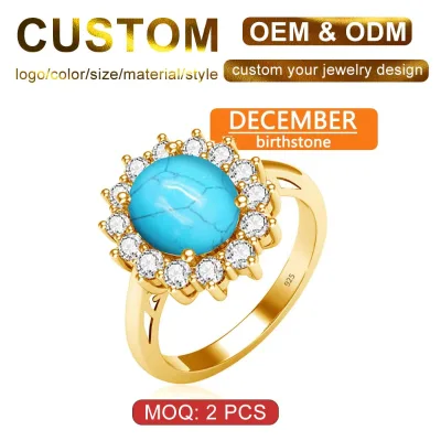 Classic Princess Diana Jewelry Engagement Birthday Gift Halo December Birthstone Synthesis Gems Turquoise Silver Rings 925