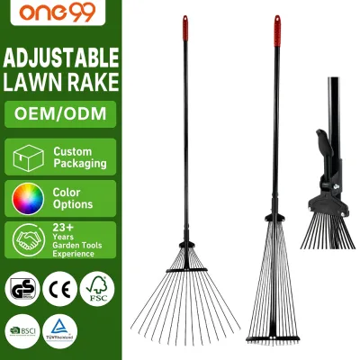 One99 15 Tine Adjustable Garden Leaf Rake Expandable Steel Fan Rake with Long Handle for Lawn Yard Cleanup OEM Available