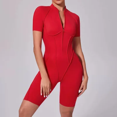 Hollow Back Raised Lines Breathable Eco-Friendly Spandex/Nylon Body Shapewear Gym Jumpsuit Short Sleeves Half-Zip Fitness Yoga