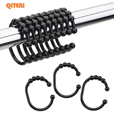 Affordable 12 Pack Black Plastic Shower Curtain Rings Hooks Curtain C-Shaped Curtain Rings for Bathroom Kitchen