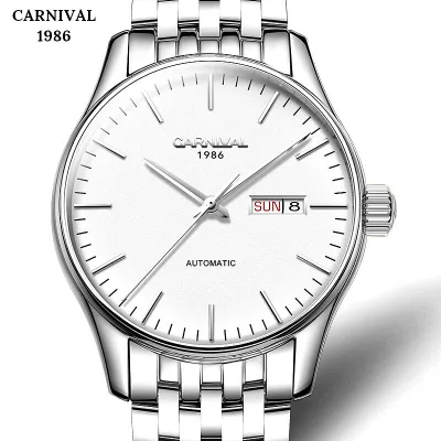 Carnival Men's Ultra-Thin Automatic Mechanical Steel Band Watch 20mm Width Waterproof Black Hollow Dial Pointer Display