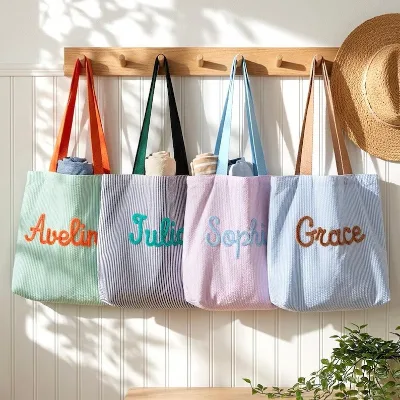 Personalized Hand Embroidered Striped Bag Embroidered Letter logo Color Blocked Fresh Minimalist Canvas Totehigh Style