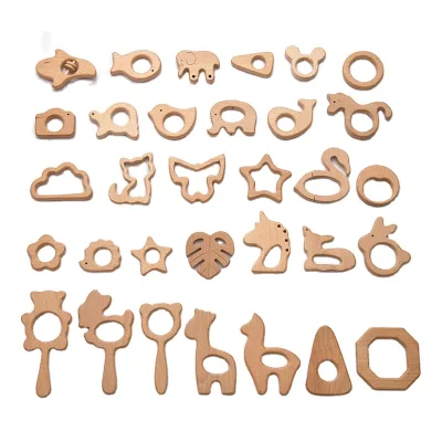 High Quality Beech Wood Wooden Teethers Animal Shape DIY Baby Teething Accessories