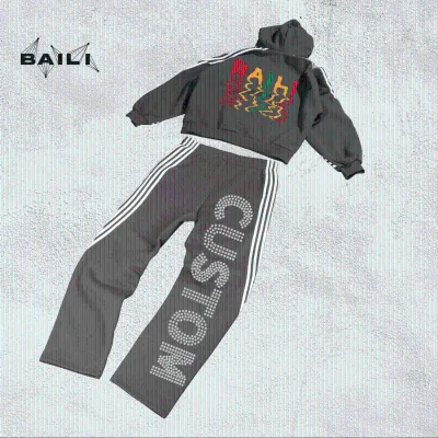 Men's personalized logo hooded sweatshirt set, three stripes sporty style rhinestone casual two piece set
