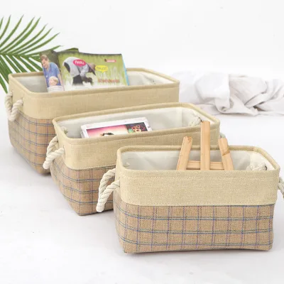 Hot Sale Organizer Bins Jute and Cotton Linen Foldable with Handle Decorative for Home Toiletry Stationer Sundries Basket Storage Bag