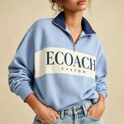 Custom Logo Women's Oversized Quarter Zip Sweatshirt Vintage Color Block Collared Pullover Sports Gym Yoga Women Sweatshirt