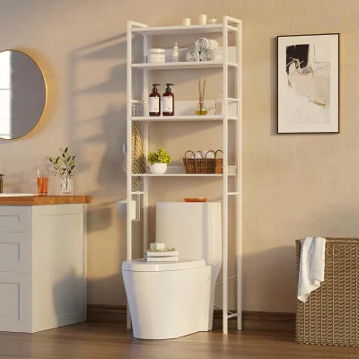 4 Layers Wooden White Bathroom Rack Toilet Space Saving Corner Shelf Bathroom Storage Rack