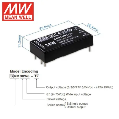 EAN WELL DKM30W8 30W 8:1 Input 9-75V to ±12V ±15V Dual Output 90% Efficiency DIP 2"x1" Isolated DC-DC Converter