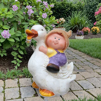 Life-Size 45cm Outdoor Garden Cartoon Animal Theme Waterproof Hand-painted Resin Statue Featuring Boy Girl Duck Sculpture