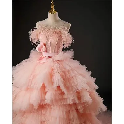 NDB10965 Pink Sling Princess Dress Banquet Evening Dress Skirt Female High-level Sense Travel Photography Light Wedding Dress
