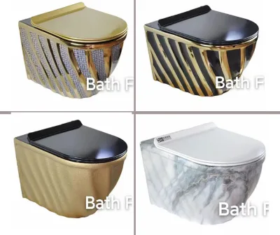 New Design Modern Luxury Electroplate Gold Toilet Ceramic P-trap Dual-Flush Concealed Tank One Piece Wall Hung Toilet