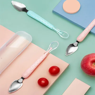 Soft Silicone Stainless Steel Tableware Supplement Double-head Scraping Fruit Spoon Multi-functional Baby Food Feeding Spoons