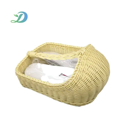 Light Yellow Handwoven PP Rattan Shoe Basket Braided Handle Hotel Guest Room Bathroom Disposable Slippers Storage Organizer