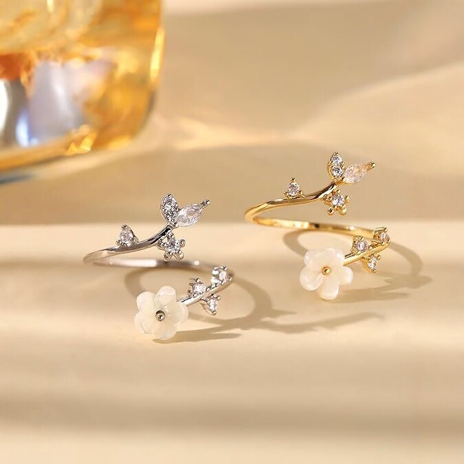 Minimalist Shell Flower Open Cuff Ring Elegant Simple Daily Stackable Finger Jewelry for Women Gift