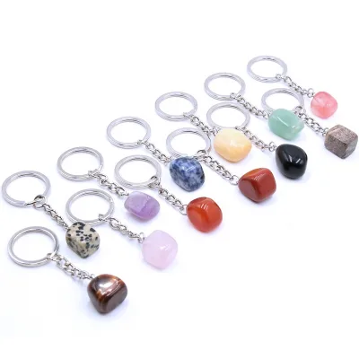 Gemstone Keychain Tumbled Stone Various Shape Natural Stone Crystal Key Chain Healing Power Energy Crystal Key Holder