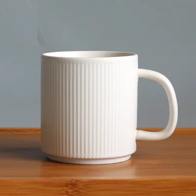 Nordic Style Vertical Line 300ml White Matte Ceramic Coffee Mug Dishwasher & Microwave Safe Promotional Business Gift