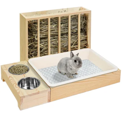 Premium Solid Square Wooden Pet House with Built-in Hay Feeder Eco-Friendly Indoor/Outdoor Home for Small Animals All Seasons