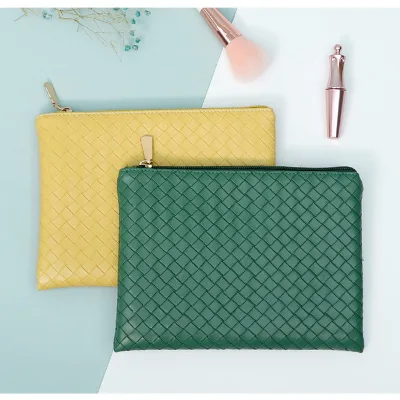 Promotional Cosmetic Pouch Makeup Purse Lady Evening Clutch Bag Knitted Pu Leather Flat Zipper Woven Makeup Wash Sachet Pouch