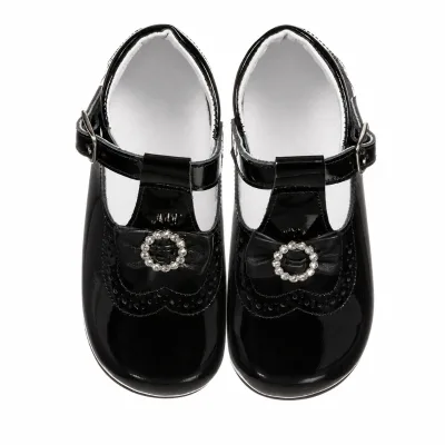 Girls Princess T-bar Mary Jane Shoes Patent Leather Party Wedding Dress Shoes with Sparkling Jewel Bow