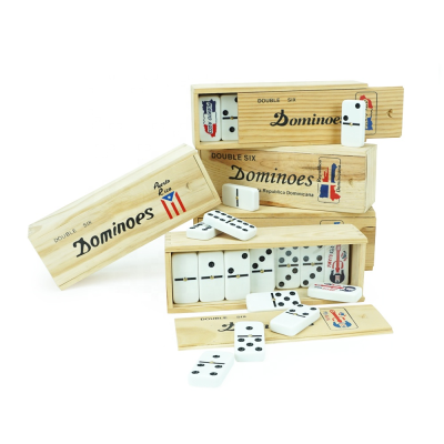 Factory Custom logo Wooden Domino Box with White Craved Puerto Rico Flag Dominos Black Dot and Gold Nail for Table Game