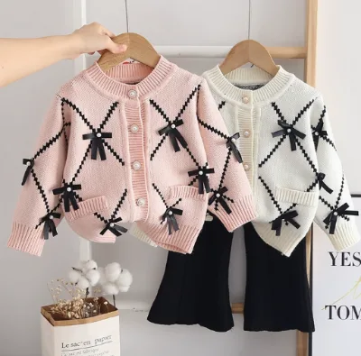 90-130cm Girls' Sweater Set Long Sleeves Pants Baby Girl Sweater Cardigan White pink Girl's Sweater Bow Design High Quality