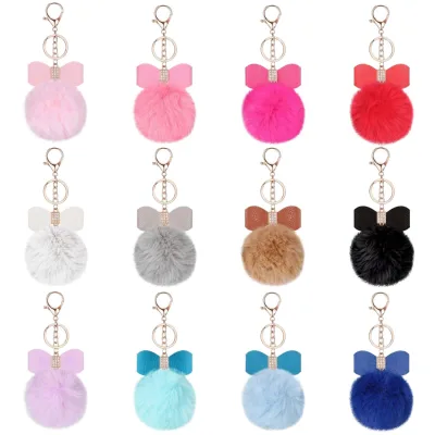 Rubber Ball Pom-pom Keychain with Diamond Encrusted Bow Soft Fashionable and Creative Accessory for Fur Bags Pendants
