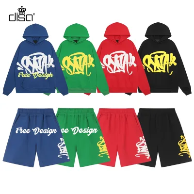 2025 Custom Distressed Embroidery Patch Heavyweight Cotton Terry Acid Wash Puff Print Hoodie and Shorts Tracksuits for Men