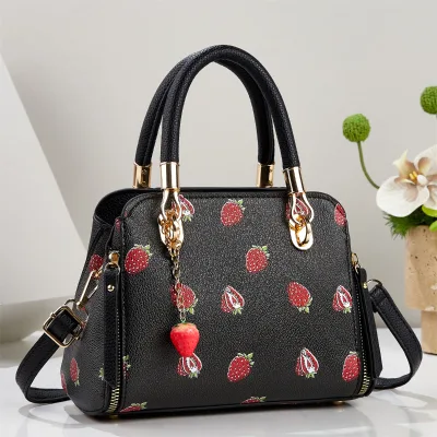 Multicolor Strawberry Print Casual Tote Bag with Zipper Closure for Women-Versatile Crossbody Mini Purse Elegant High-End Chic