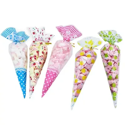 2024 Wholesale High Quality Empty Crystal Clear Plastic Cellophane Opp Cone Bag for Candy Food Gift