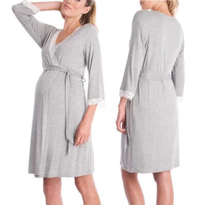 Factory Wholesale/OEM Autumn Fashion Lace V-Neck Three-Quarter Sleeve Maternity Midi Dress Cotton Spandex Blend Pajamas