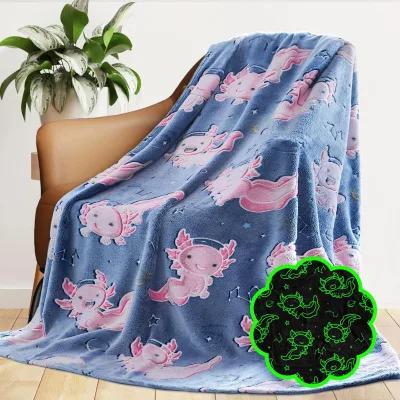 Glow Dark Axolotl Salamander Cute Cozy Soft Blue Pink Twin Size Throw Blanket Perfect Winter Gifts for Kids Bedroom Decor Couch