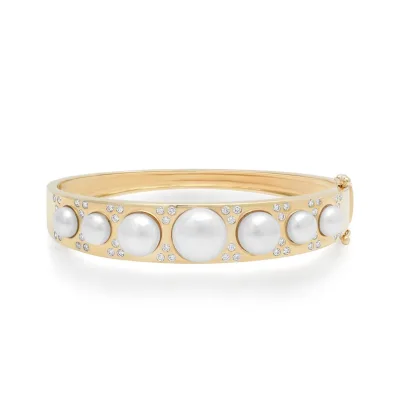 Gemnel Women Chunky Brass Gold Plated Jewelry Wide Graduated Pearl Scattered Diamond Bangle