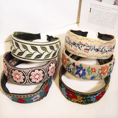 Boho Embroidery Headband for Women Bohemia Floral Handmade Wide Headbands Vintage Ethnic Style Hair Bands Turban for Girls