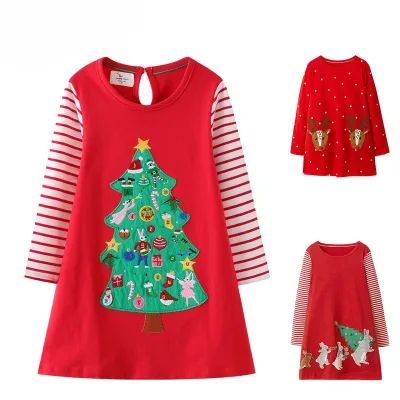 Linda 2025 New Design Autumn Kids Red Dress 100%cotton Embroidered Girls Christmas Dress
