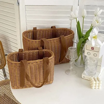 Flower Basket Bamboo Woven Rectangular Bohemian Hand-Woven Decorative With Seagrass Handle Gift Set of 3 Storage Baskets