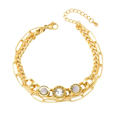 Multilayer Chain Stainless Steel 18K Gold Plated Waterproof Roman Numerals Coin Shell Zircon Fashionable Bangles for Women Girls