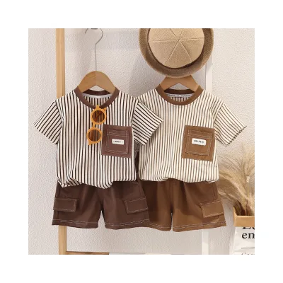 Summer New Children's Casual Striped Dress Stylike Vertical Neck T-shirt Short Sleeve Two-Piece Children's Wear 1-5 Years