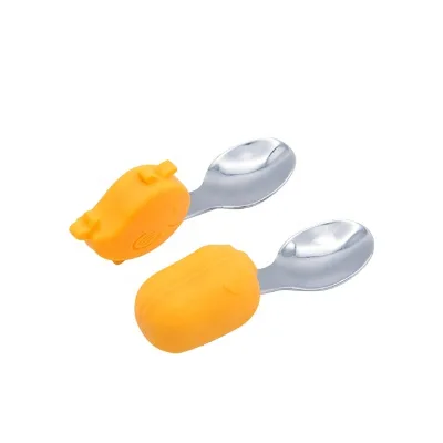 Newest Child Spoon Fork Set with Silicone Handle Stainless Steel Baby Feeding Training Spoon OEM ODM