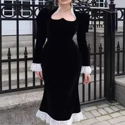 Classic retro square collar waist heavy heavy black dress winter long patchwork skirt