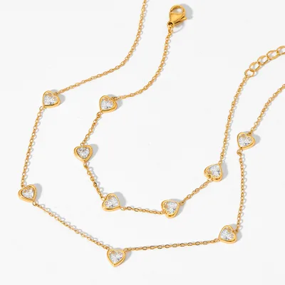 14K Gold Plated Jewelry Stainless Steel Fine Chain Jewelry Gift Charm Mulit Heart Cubic Zirconia Necklace Bracelet Anklets Set