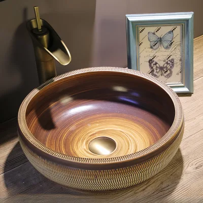 Modern round Ceramic Bathroom Sink Europe Art Relief Lavabo with Brown Counter Top and Single-Hole Faucet Mount