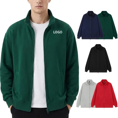 OEM ODM Custom Logo 300GSM Heavyweight Unisex Streetwear Stand Collar Zip Jacket Polyester Spandex Lining Full Zip Sweatshirt