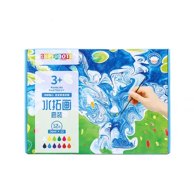 Deluxe 12pk Marbling Painting Kit, Water Art Set with 12x16ml Paints & A4 Tray for Kids Creative Drawing & Mess-Free Activities