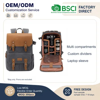 Professional Waxed Canvas Crazy Horse Pu Elegant with 16.5 Inch Laptop Sleeve Compartment Tripod Camera Organizer Backpack OEM