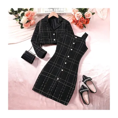 8-12T Kids Girl Clothing Classic White Black Plaid Lapel Cardigan Jacket Tweed Cami Dress 2Pcs Children's Clothing 2025