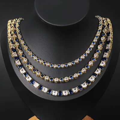CM JEWELRY Collar Joyas Cadena Wholesale Popular Unisex 14k Gold Plated Blue Heart Diamond Zircon Tennis Chain Necklace