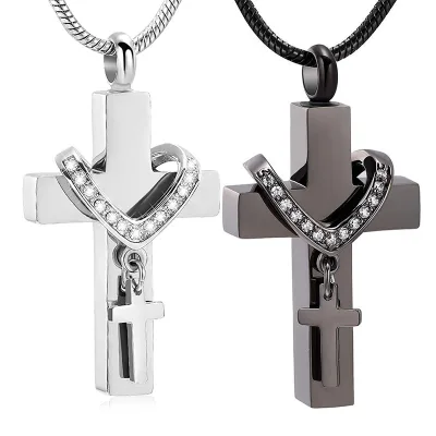 Stainless Steel Baby Memorial Pet Urn Cross Necklace Perfume Bottle Pendant Diamond-Inlaid Silver/Black Colors Multi-Layered